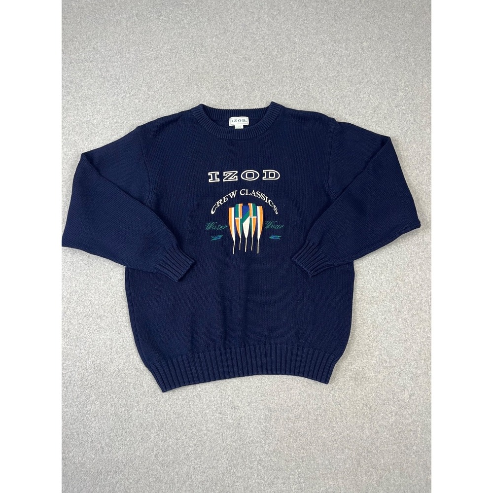 Vintage Izod Crew Classic Water Wear Sweater Mens L Navy 90s Embroidered